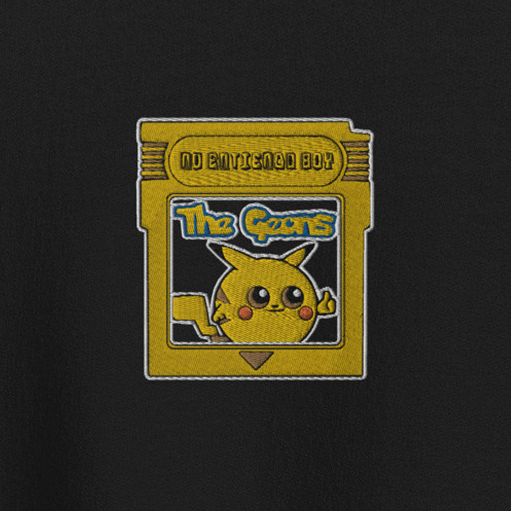 Close Up of The Geons Pikachu Embroidered Crew Neck Sweatshirt in Black